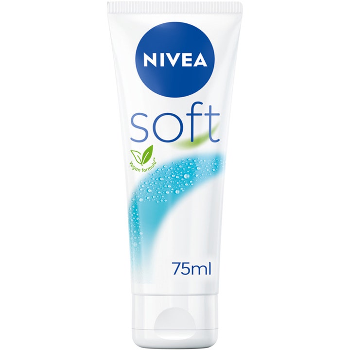 Nivea Soft 75 ml fugtgivende creme i hvid tube med vegansk formel og blå vanddråber.