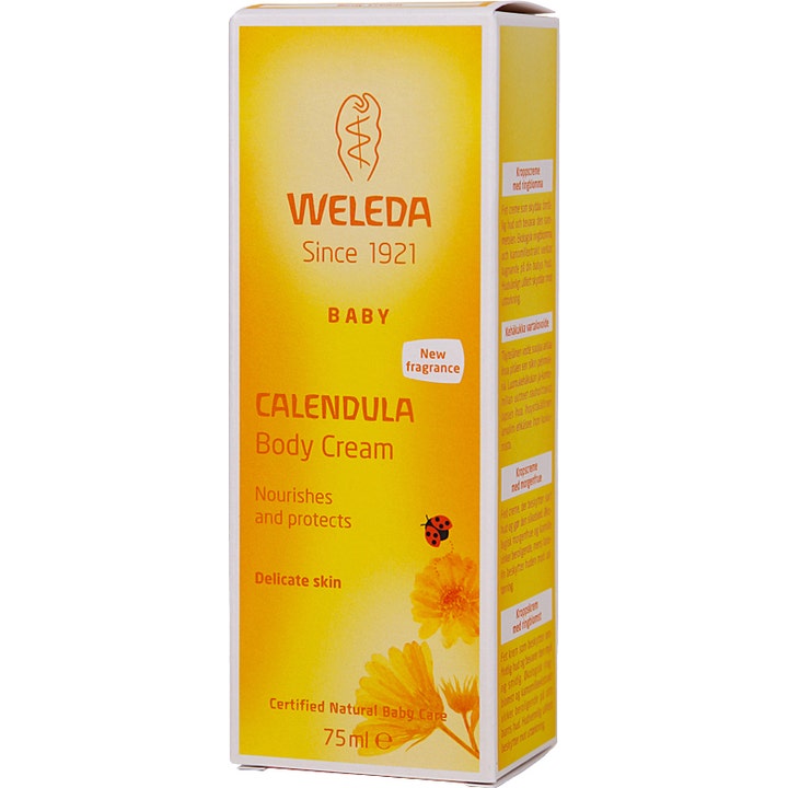 Weleda Baby Calendula Body Cream 75 ml giver næring til sart hud i gul papæske med morgenfruer og mariehøne