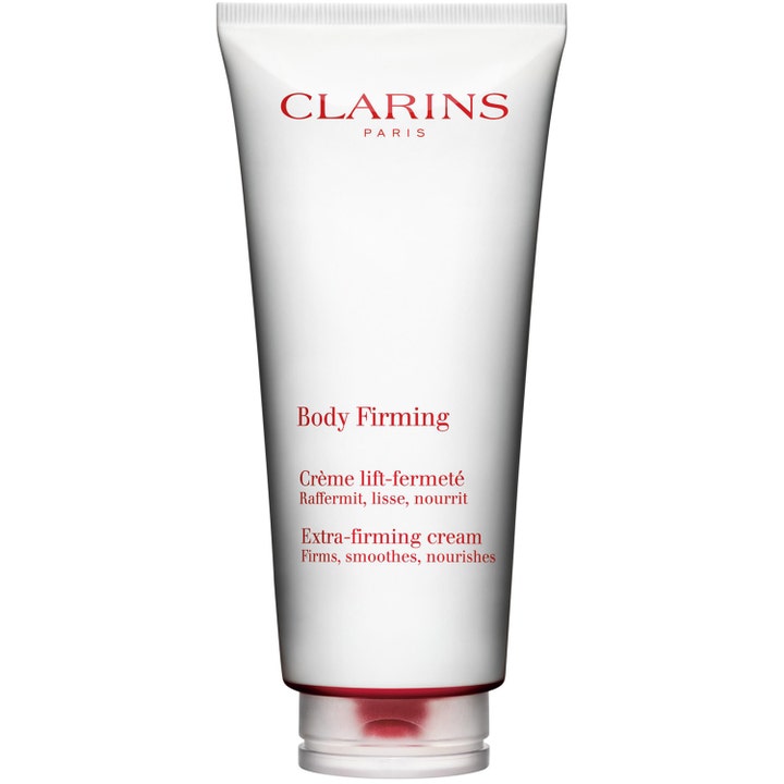 Clarins Body Firming Extra-firming cream opstrammende kropscreme i hvid tube med rød tekst der nærer huden