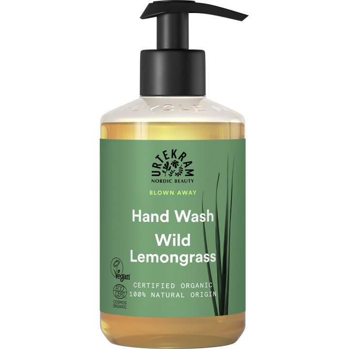 Urtekram Wild Lemongrass Hand Wash 300 ml økologisk håndsæbe i klar plastflaske med grøn etiket og sort pumpe