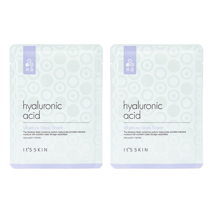 It'S SKIN Hyaluronic Acid Moisture Mask Sheet 2-pak fugtgivende sheetmasks i hvid emballage med lilla detaljer