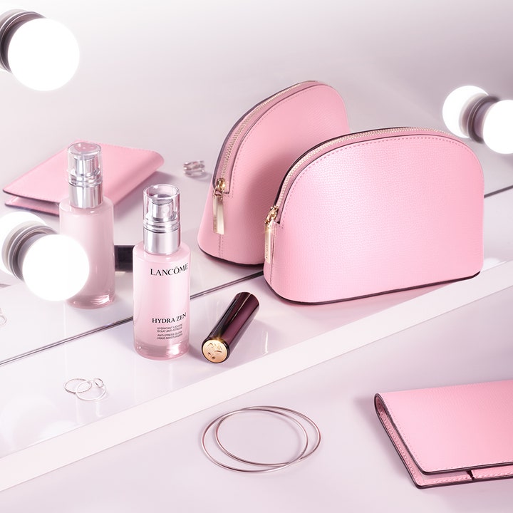 Lancôme Hydra Zen Liquid Moisturizer 50 ml fugtgivende dagcreme i lyserøde glasflasker med matchende kosmetiktasker