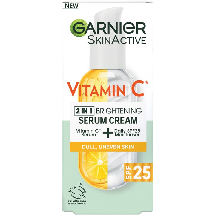 Garnier Skin Active Vitamin C 50 ml Brightening Serum Cream med SPF 25 i hvid emballage med citrusskive