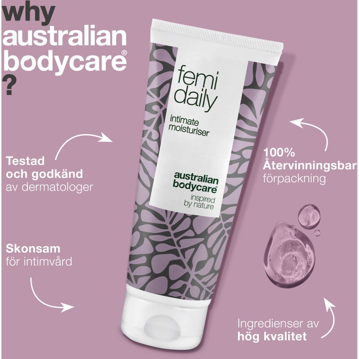 Australian Bodycare Femi Daily 100 ml intimpleje mod irritation i hvid tube med lilla mønster og klar gel.