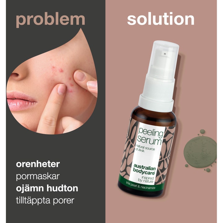 Australian Bodycare Lime Pearl Serum 30 ml peeling serum mod urenheder og ujævn hudtone i brun flaske med pumpe.