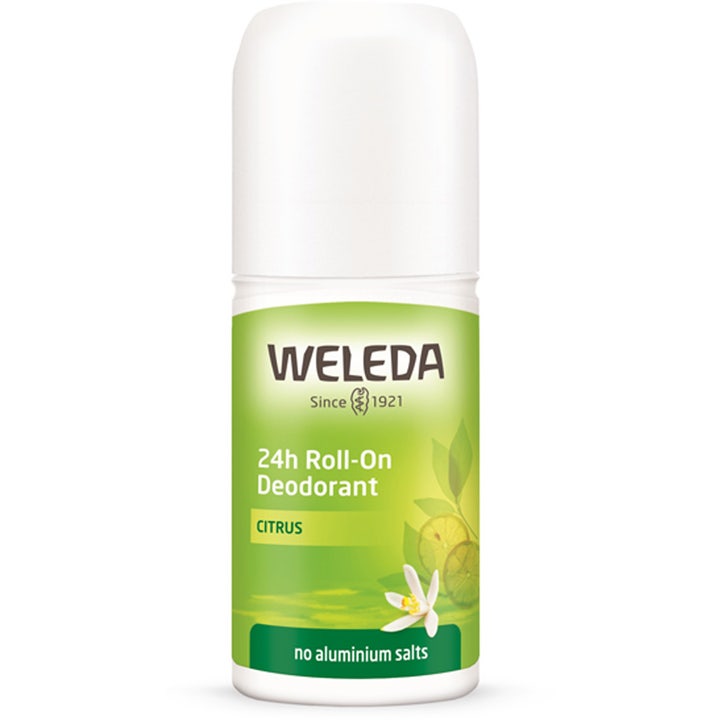 Weleda 24h Roll-On Deodorant Citrus 50 ml mod svedlugt i hvid plastflaske med grøn etiket og friske citronskiver