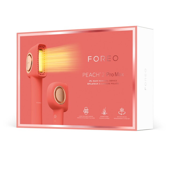 FOREO PEACH 2 Pro Max 1 stk. IPL hårfjerning i ferskenfarvet emballage med illustration af lysbehandling