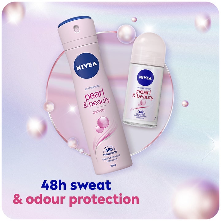 NIVEA Pearl & Beauty 50 ml roll-on og spray giver 48h beskyttelse vist med perler på lyserød baggrund.