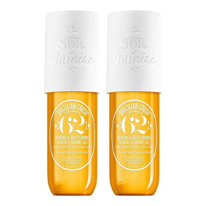 Sol de Janeiro Brazilian Crush Cheirosa 62 duftspray til krop og hår i to orange gennemsigtige flasker med hvide låg.