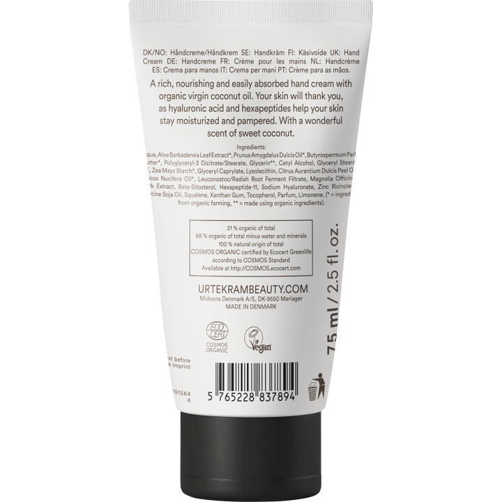 Urtekram Coconut Hand Cream 75 ml nærende håndcreme i hvid tube set bagfra med ingrediensliste og vegansk logo