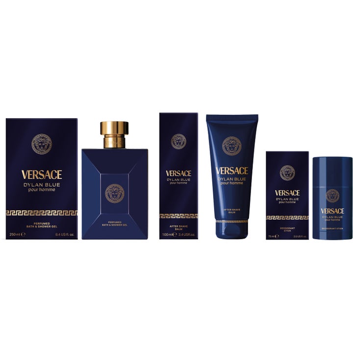 Versace Dylan Blue Pour Homme 250 ml showergel i mørkeblå flakon med guldlogo vist med matchende kropspleje
