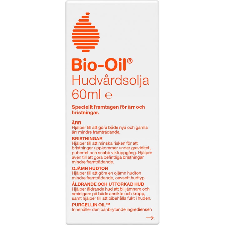 Bio-Oil Hudplejeolie 60 ml mod ar og strækmærker i hvid papæske med orange tekst og dråbeikon.