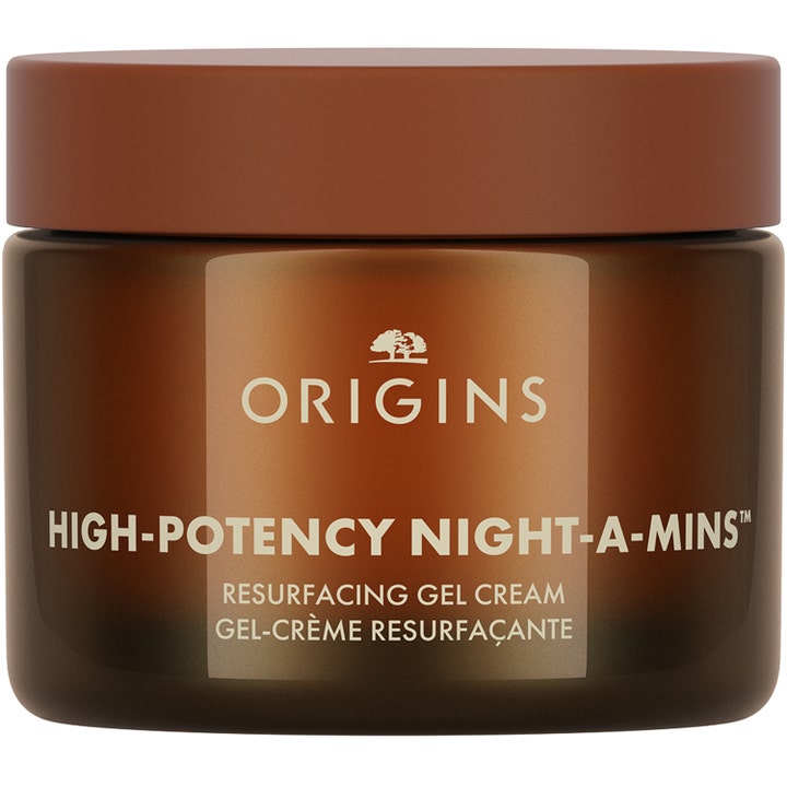 Origins High-Potency Night-A-Mins fornyende gel-creme i en stilfuld brun krukke med brunt låg