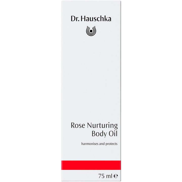 Dr. Hauschka Rose Nurturing Body Oil 75 ml harmoniserende kropsolie i hvid æske der harmoniserer og beskytter.