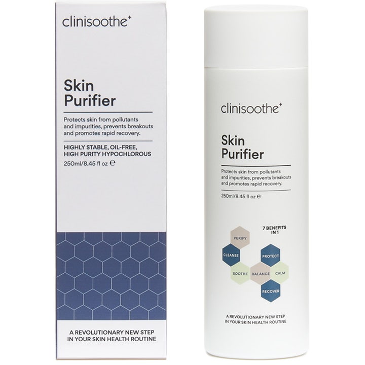 Clinisoothe Skin Purifier 250 ml toner mod urenheder i hvid flaske og æske med 7 fordele i 1 grafik.