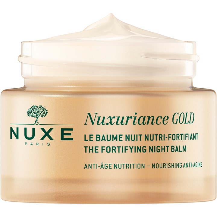 Nuxe Nuxuriance Gold Night Balm 184 g nærende natcreme i gylden glaskrukke med fyldig cremetekstur
