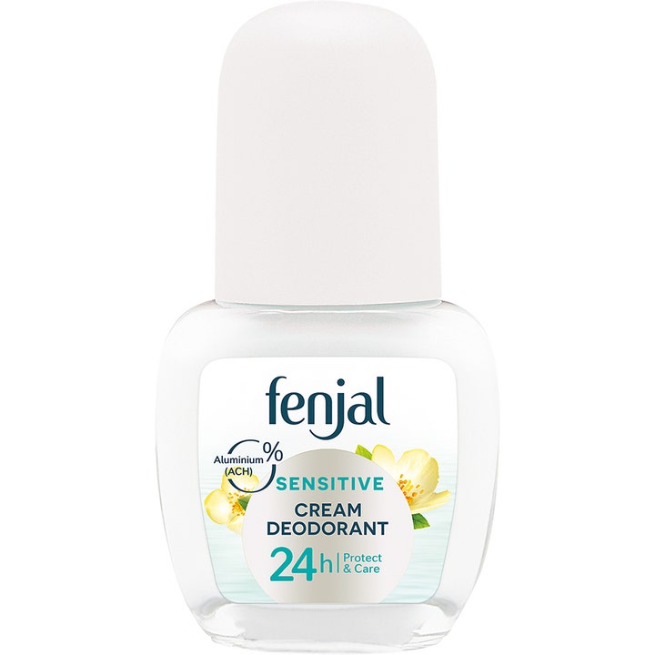 Fenjal Sensitive Cream Deodorant 50ml roll-on til sensitiv hud i hvid glasflaske med gule blomster.