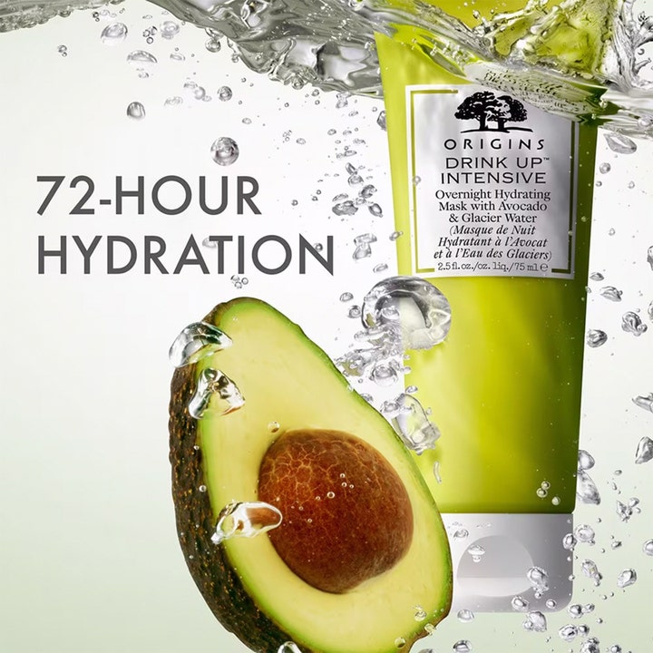 Origins Drink Up Intensive 75 ml fugtgivende nattemask i grøn tube med avocado og vandbobler giver 72 timers hydrering