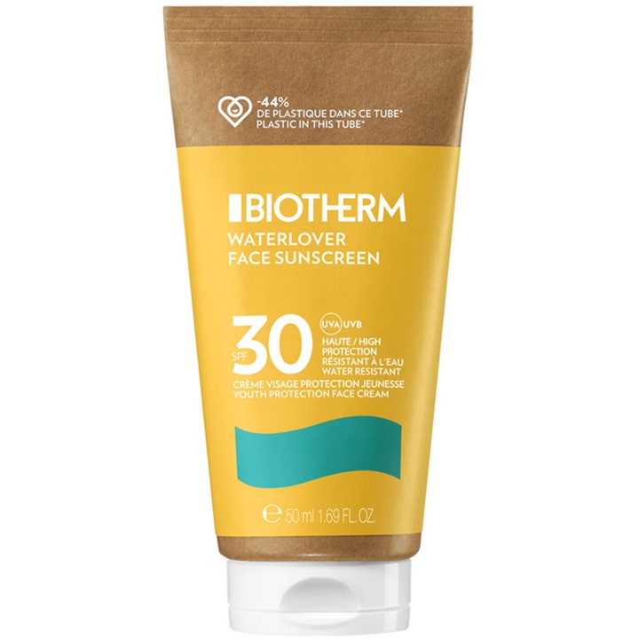Biotherm Waterlover Face Sunscreen 50 ml beskyttende solcreme i gul tube med hvidt låg og brun top