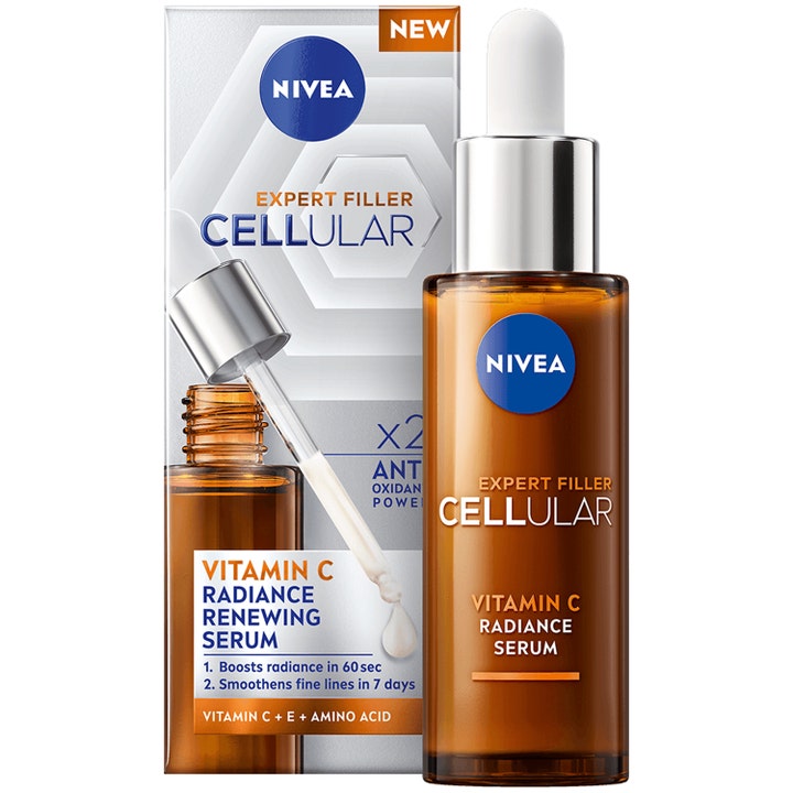 Nivea Cellular Expert Filler Vitamin C Radiance Serum glødgivende ansigtsserum i brun glasflaske med hvid pipette.
