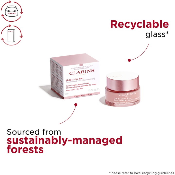 Clarins Multi-Active Jour 50 ml dagcreme giver glød i en lyserød glaskrukke med æske fra bæredygtig skov.