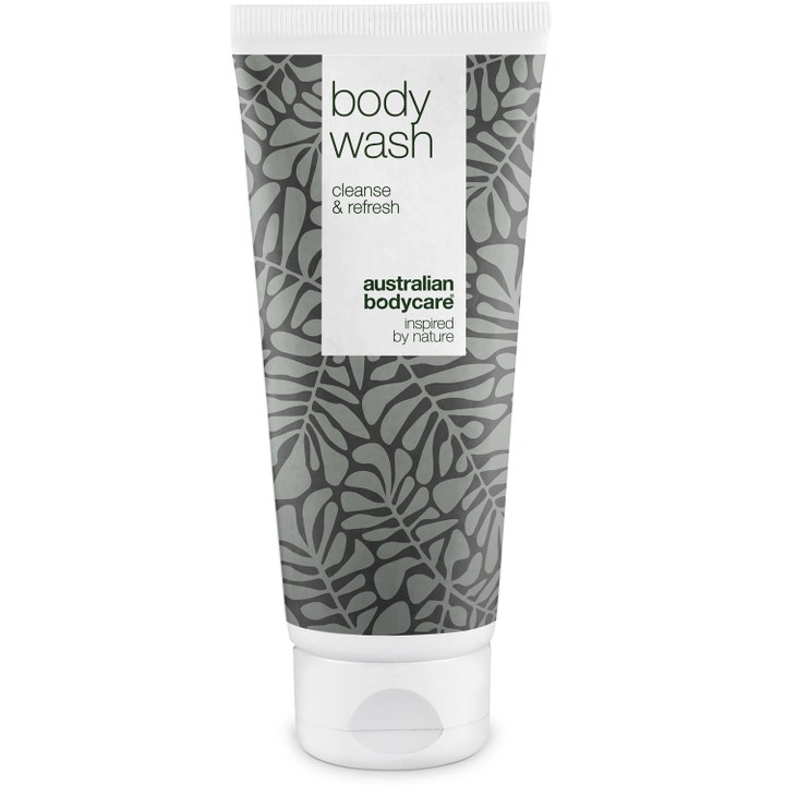 Australian Bodycare Body Wash 200 ml rensende kropssæbe i hvid tube med gråt bladmønster og Tea Tree Oil