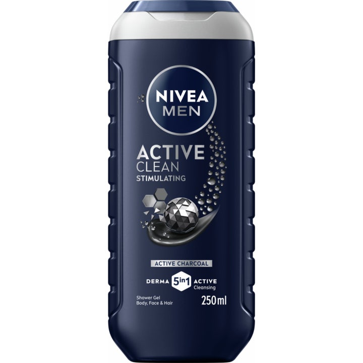 Nivea Men Active Clean 250 ml 3-i-1 shower gel med aktivt kul i sort plastflaske med sølvgråt låg
