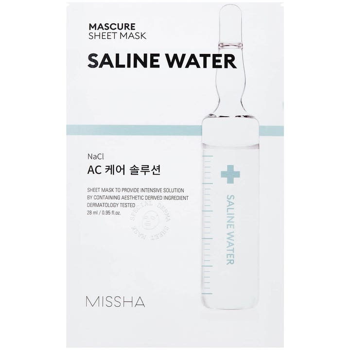 Missha Mascure Sheet Mask Saline Water 28 ml beroligende ansigtsmaske i hvid emballage med ampul-illustration