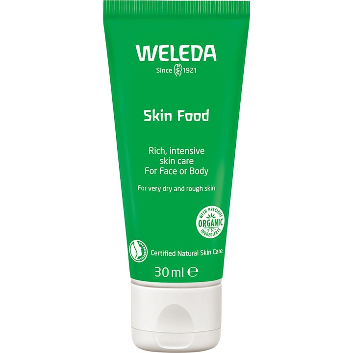 Weleda Skin Food 30 ml intensiv pleje der blødgør tør hud i en klassisk grøn tube med hvidt låg