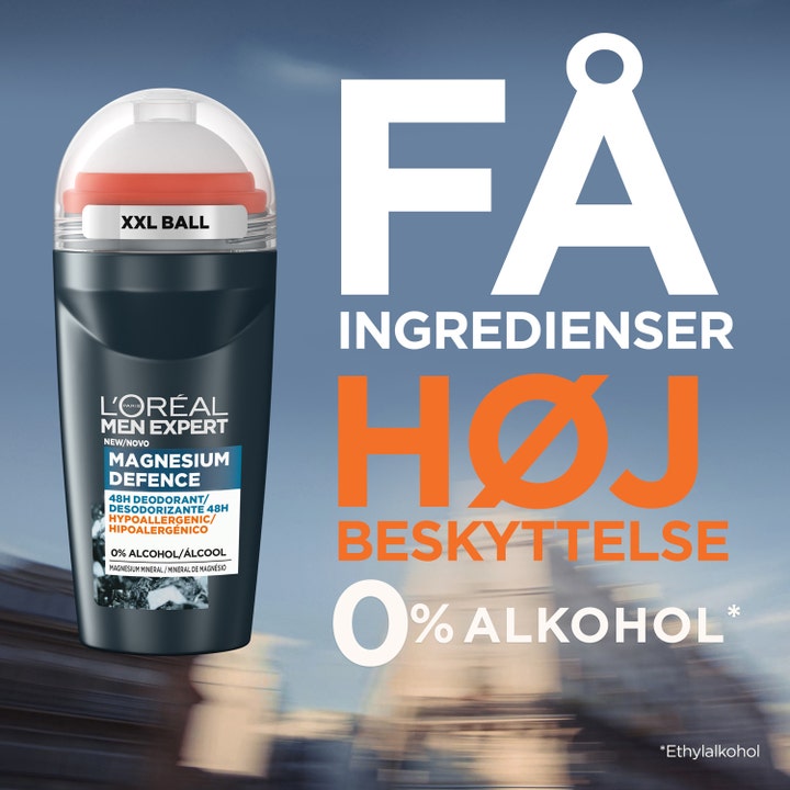 L'Oréal Paris Men Expert Magnesium Defence 50 ml roll-on med XXL ball giver høj beskyttelse uden alkohol.