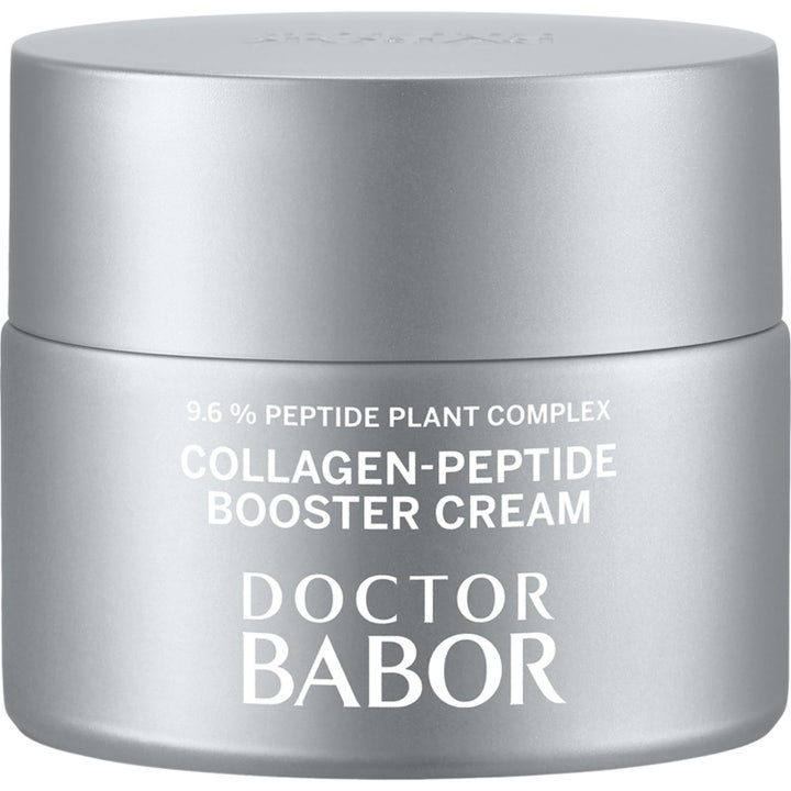 Doctor Babor Collagen-Peptide Booster Cream opstrammende ansigtscreme i en mat sølvfarvet krukke med hvid tekst
