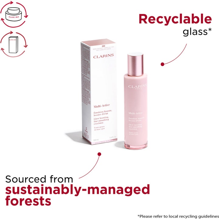 Clarins Multi-Active Glow Boosting Emulsion 100 ml udglattende dagcreme i genanvendelig lyserød glasflaske.