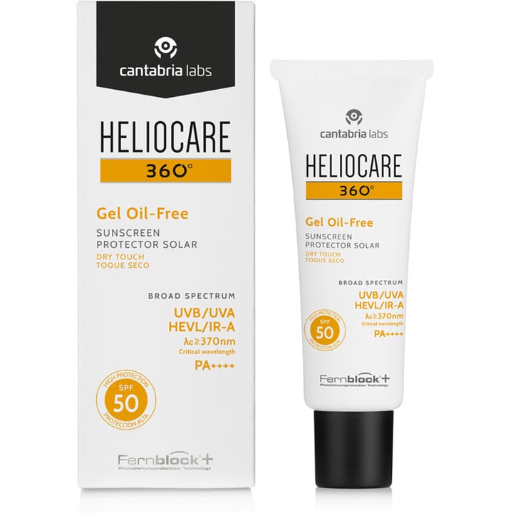 Heliocare 360° Gel Oil Free 50 ml solcreme i hvid tube og æske giver høj beskyttelse med dry touch finish.