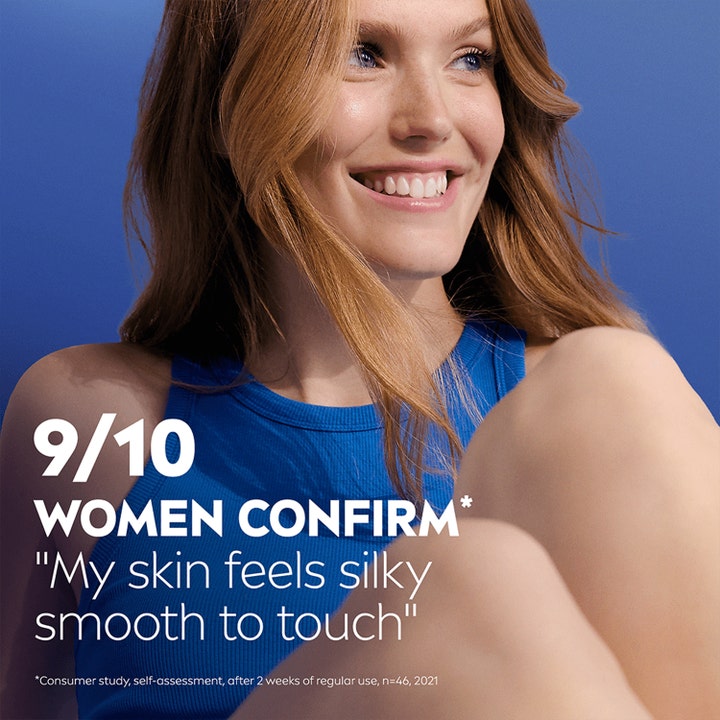 NIVEA Smooth Caring Lotion 250 ml body lotion til tør hud med smilende kvinde og tekst om silkeblød hud