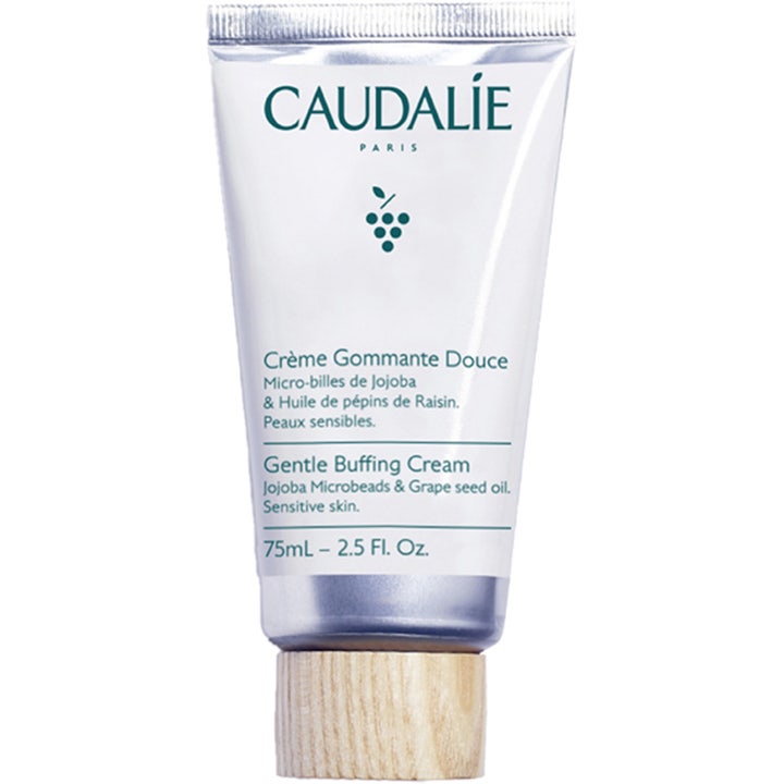 Caudalie Gentle Buffing Cream 75 ml eksfolierende ansigtsscrub til sensitiv hud i hvid tube med låg i lyst trælook