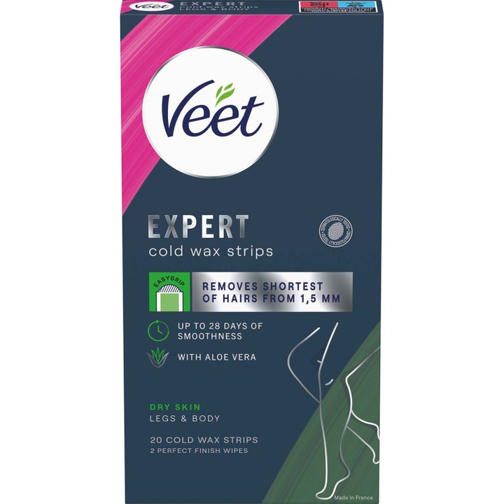 Veet Expert Cold Wax Strips 20 stk hårfjerning til tør hud i mørkeblå og pink papæske med aloe vera