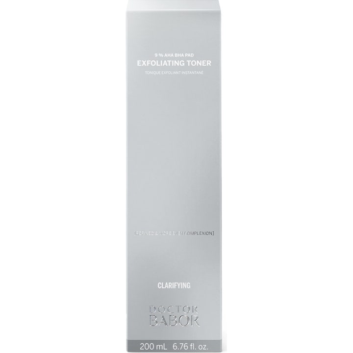 Babor DOC Instant Exfoliating Toner 200 ml eksfolierende ansigtsvand i sølvæske med 9 % AHA BHA til jævn hud.