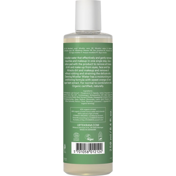 Urtekram Wild Lemongrass Micellar Water 245 ml micellærvand på gennemsigtig flaske med grøn etiket og ingrediensliste.