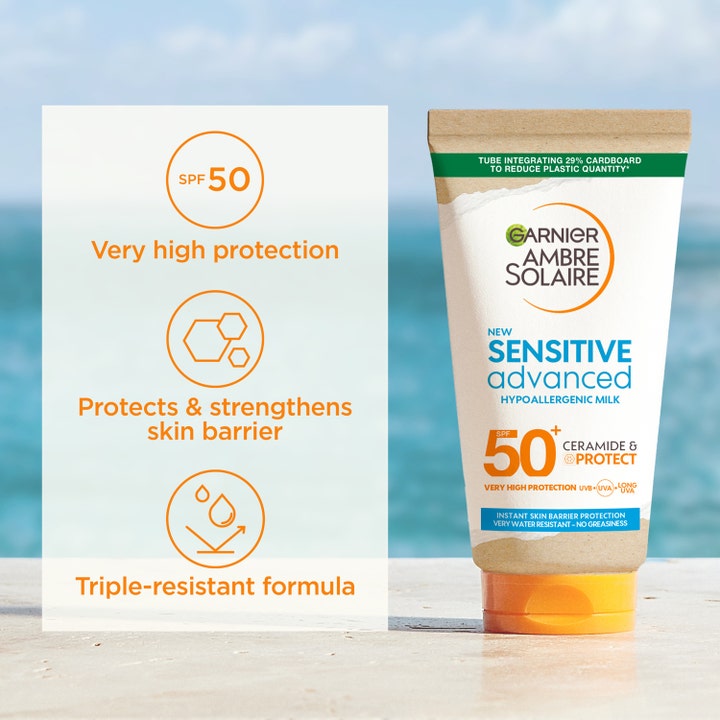 Garnier Sensitive Advanced 175 ml solcreme med SPF 50 i papbaseret tube beskytter og styrker hudbarrieren.