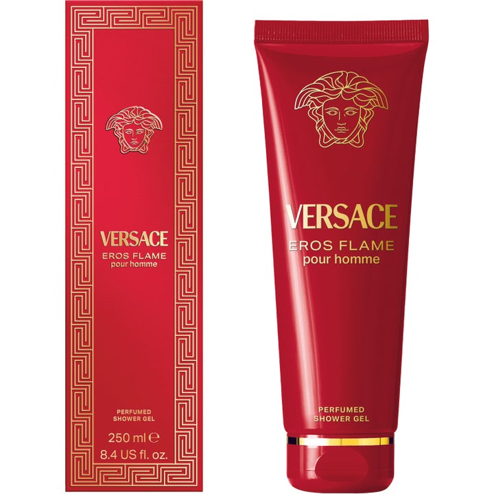 Versace Eros Flame Pour Homme 250 ml showergel i rød tube og æske med det ikoniske Medusa-logo i guld