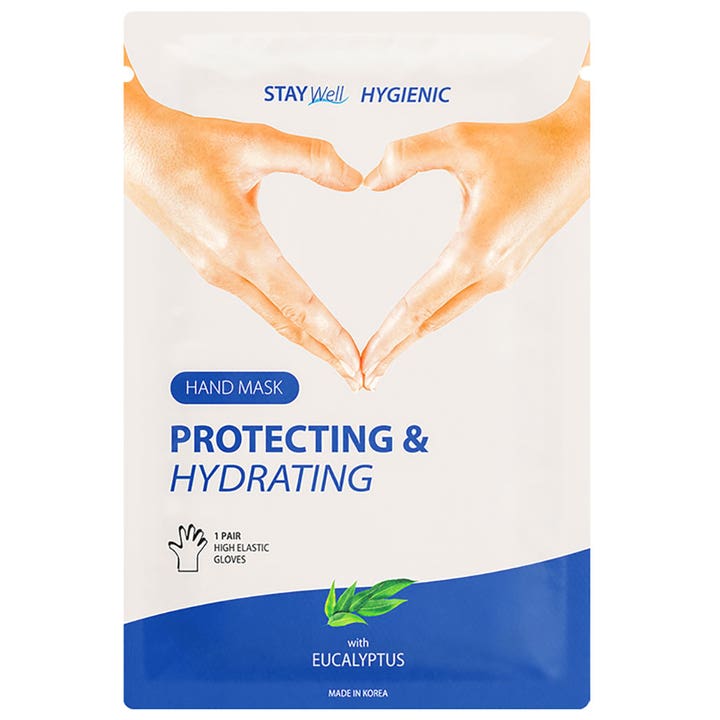 Stay Well Hygienic Hand Mask 1 par fugtgivende håndmaske i hvid pose med hjerteformede hænder og eukalyptus
