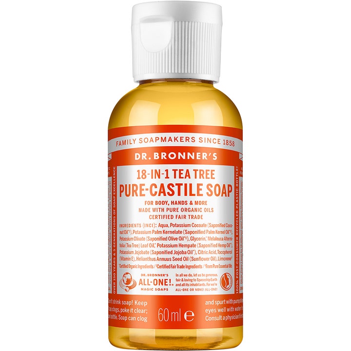 Dr. Bronner's 18-in-1 Tea Tree Pure-Castile Soap 60 ml renser huden i en lille klar flaske med orange etiket og hvidt låg.