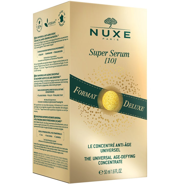 Nuxe Super Serum 50 ml anti-age ansigtsserum i guld og grøn papæske med teksten Format Deluxe og vegansk formel
