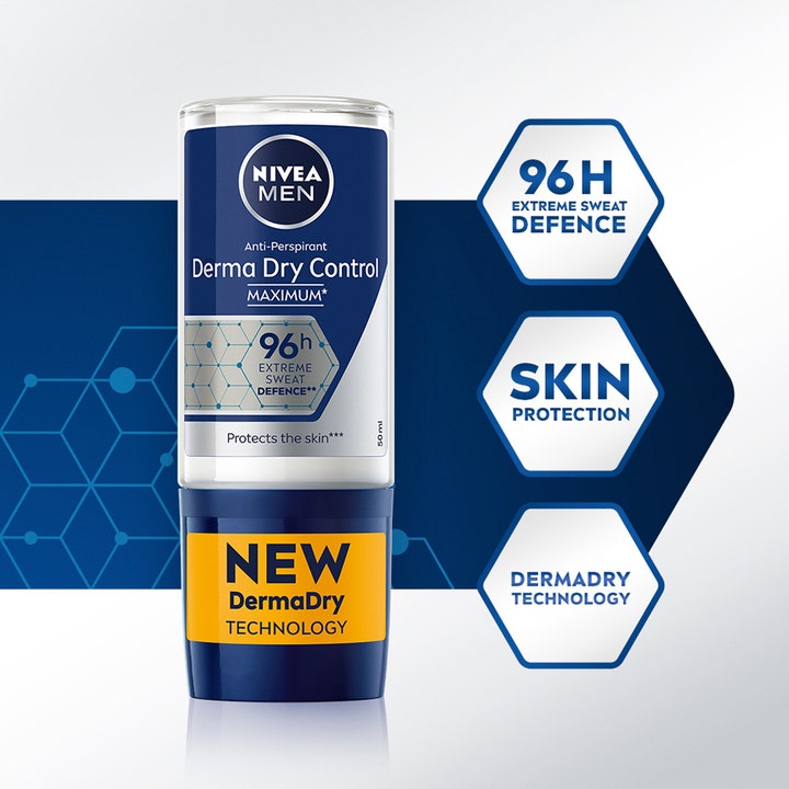 NIVEA Derma Dry Control 50 ml roll-on deodorant med 96H Extreme Sweat Defence og hudbeskyttelse i blå emballage