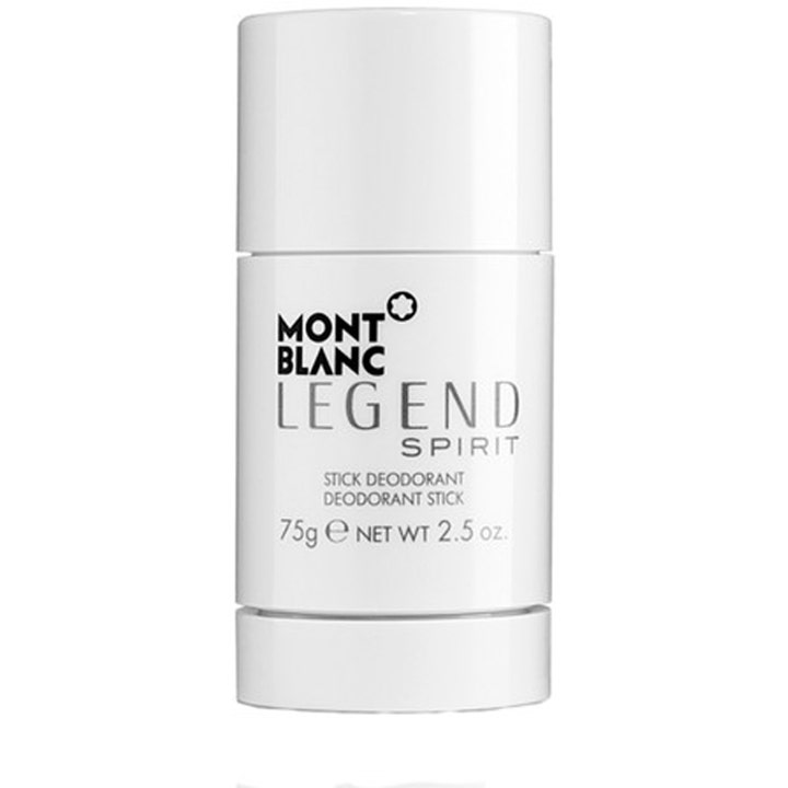 Montblanc Legend Spirit 75g deostick der giver friskhed i en hvid minimalistisk emballage med sort tekst.