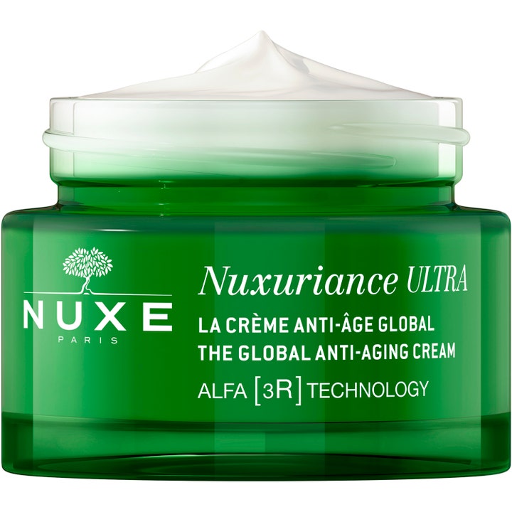 Nuxe Nuxuriance ULTRA 50 ml anti-aging dagcreme i grøn glaskrukke med fyldig hvid creme og Alfa 3R Technology