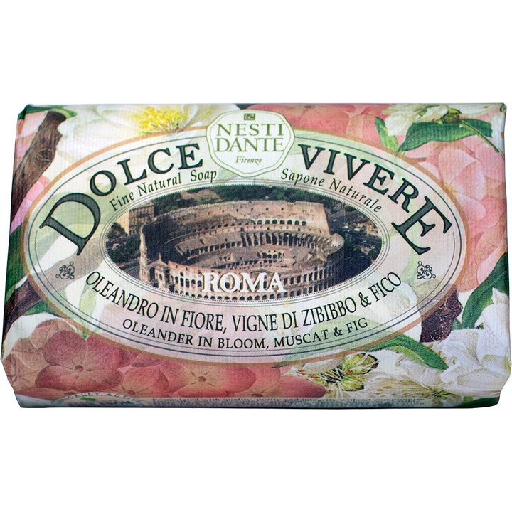 Nesti Dante Dolce Vivere Roma 250g velduftende fast sæbe i papirindpakning med motiv af Colosseum og oleander