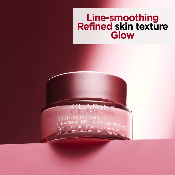 Clarins Multi-Active Nuit 50 ml udglattende natcreme med niacinamid i lyserød krukke der giver fornyet glød.