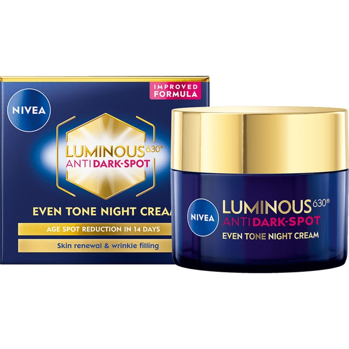 Nivea Luminous 630 Natcreme mod pigmentpletter i mørkeblå krukke med guldlåg der skaber en mere jævn hudtone.