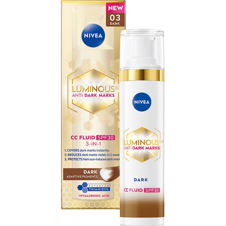 Nivea Luminous630 Anti Dark Marks CC Fluid SPF30 dækker pigmentpletter i hvid pumpeflaske og guldæske i nuancen Dark